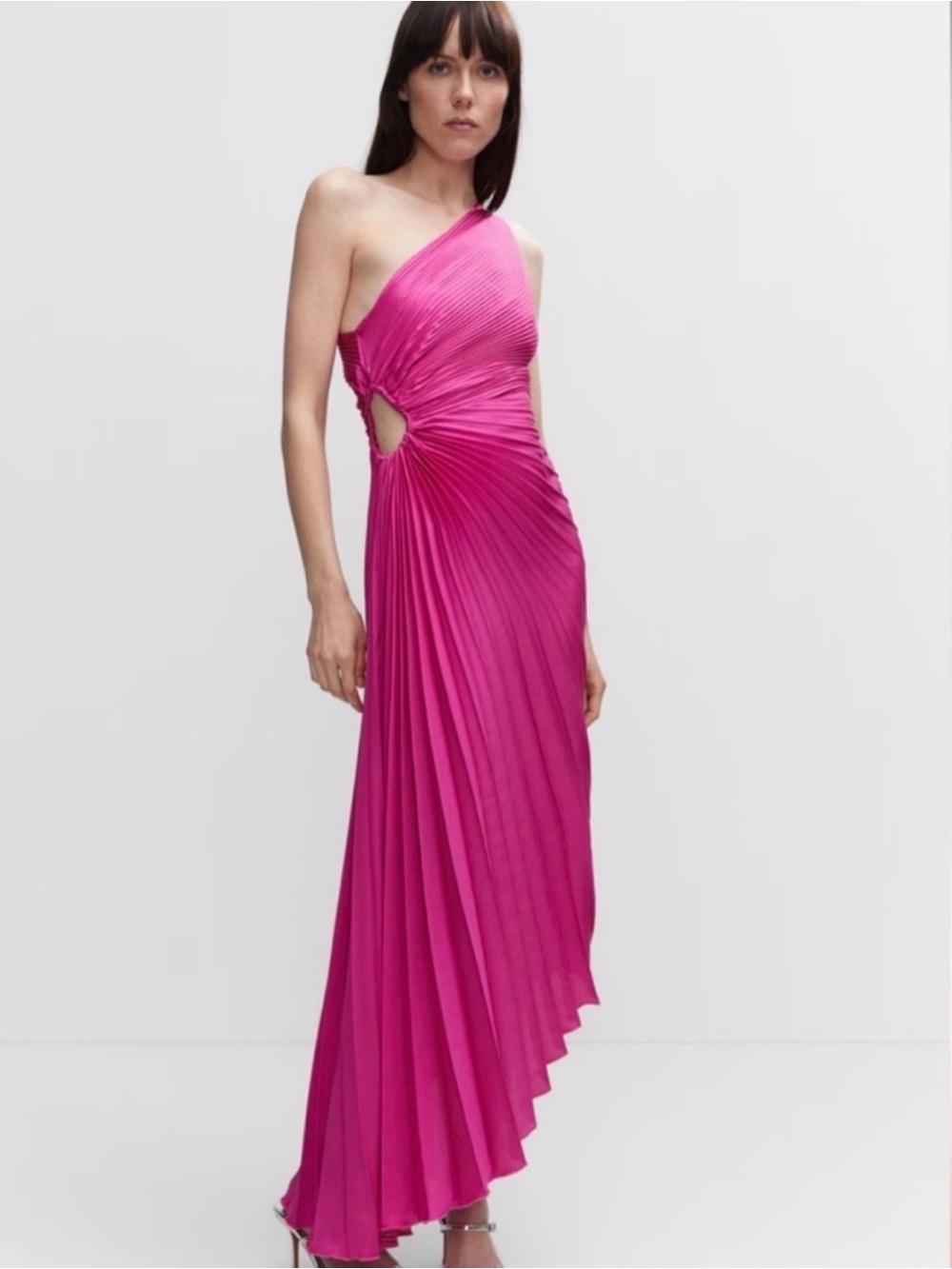 Mango One-Shoulder Fuchsia Pleated Maxi Dress with Side Cutout
